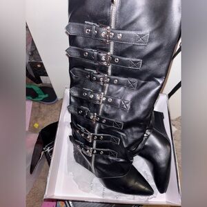 Black Buckled Knee-High Women's Boots